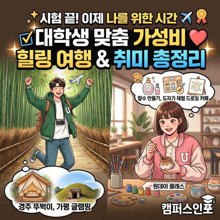 중간고사 끝나고 뭐 해? 대학생 가성비 힐링 여행지 & 이색 취미 원데이 클래스 완벽 가이드 "시험 끝! 이제 나를 위한 시간 ✈️ 대학생 맞춤 가성비 힐링 여행 & 취미 총정리"