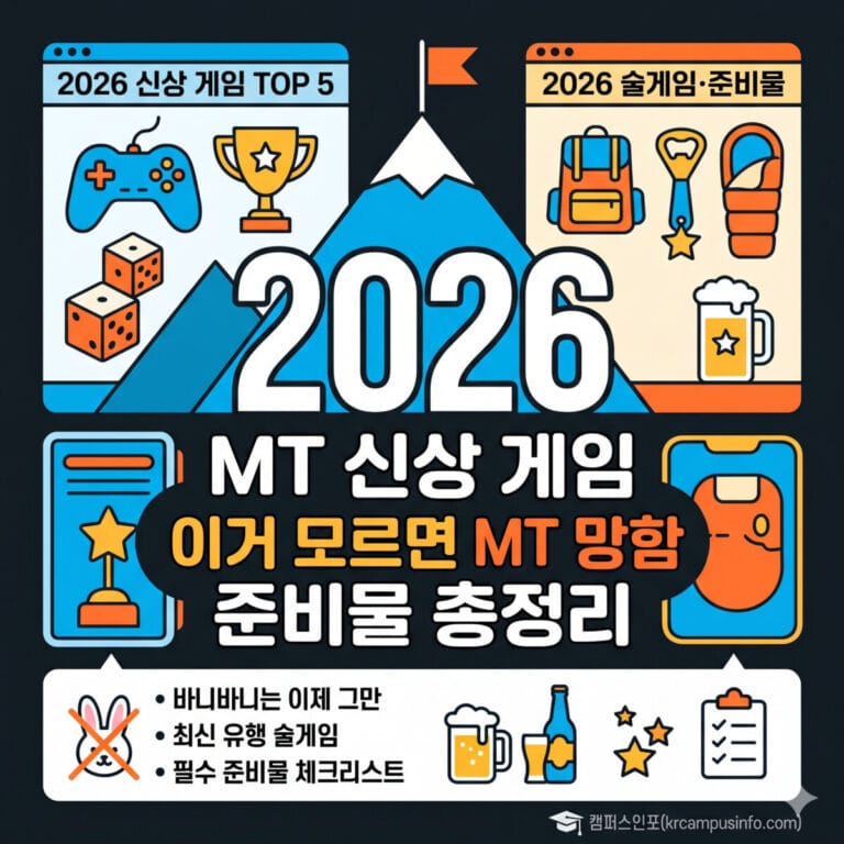 2026년 신상 MT 게임 및 준비물 총정리 가이드 썸네일: '바니바니는 이제 그만, 이거 모르면 MT 망함' 문구와 게임기, 맥주, 체크리스트 아이콘이 포함된 깔끔한 인포그래픽 디자인 (캠퍼스인포 로고 포함)