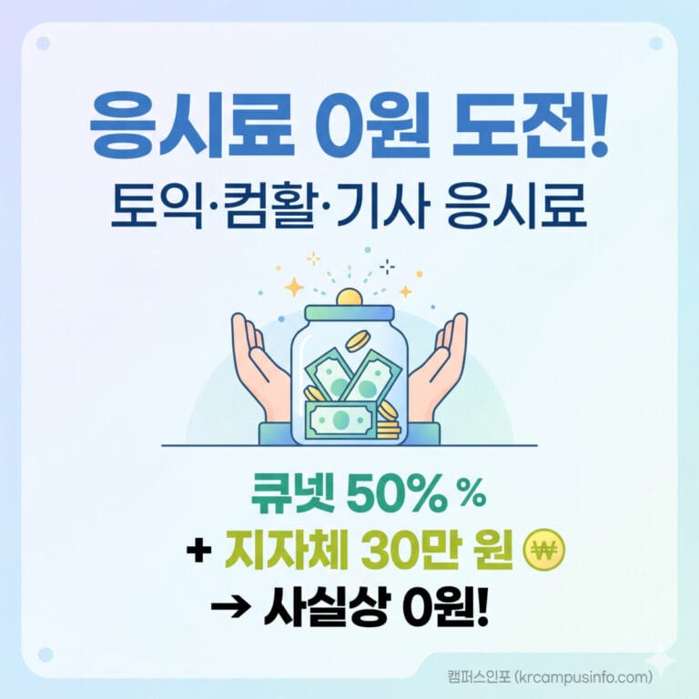 토익·컴활·기사 응시료 0원 혜택 안내 (큐넷 50% 감면 및 지자체 30만 원 지원 정책 요약)