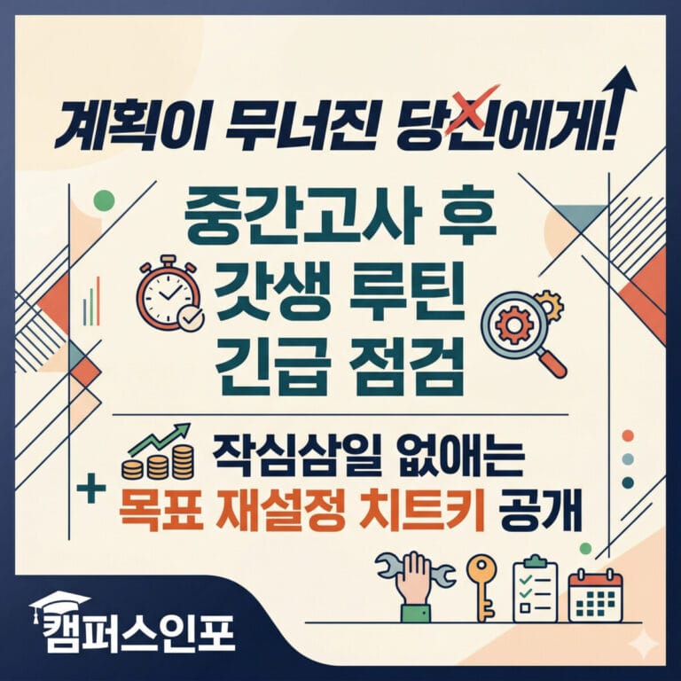 포기는 아직 이르다! 중간고사 후 대학생 갓생 루틴 긴급 점검 & 목표 재설정 완전 가이드 썸네일 문구: "계획이 무너진 당신에게! 중간고사 후 갓생 루틴 긴급 점검 + 작심삼일 없애는 목표 재설정 치트키 공개"