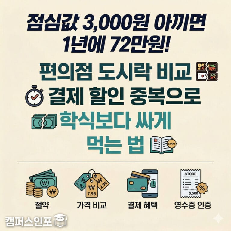 점심값 3,000원 아끼면 1년에 72만원! 편의점 도시락 비교 및 결제 할인 중복으로 학식보다 싸게 먹는 법 안내 이미지