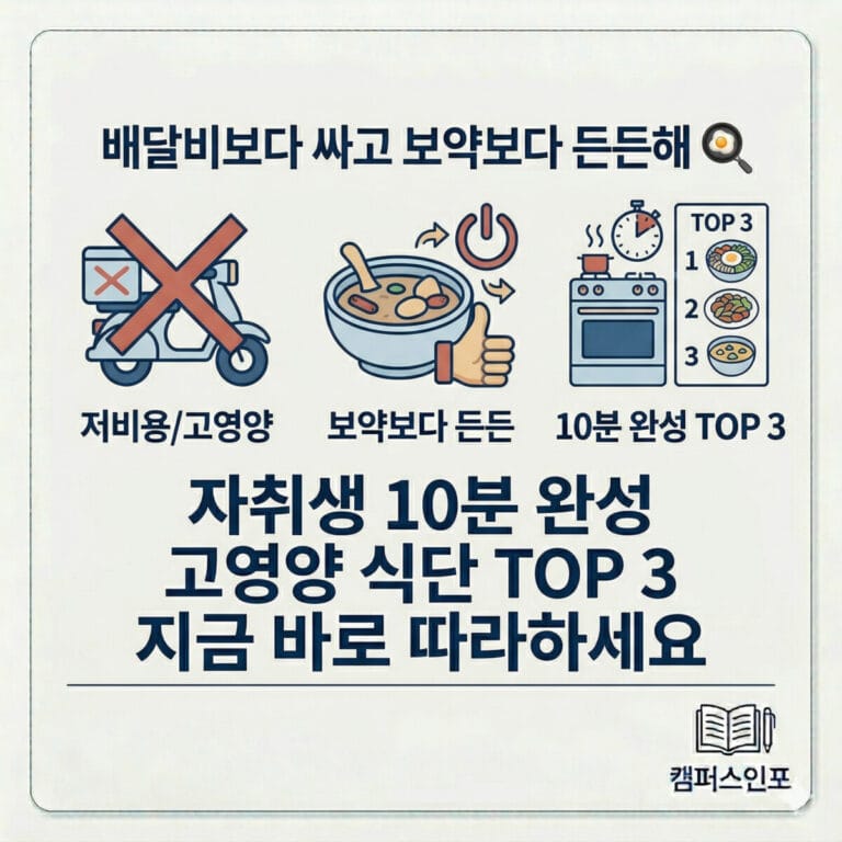 배달 앱 닫고 주방으로! 자취생 10분 완성 고영양 식단 TOP 3 — 두뇌·근력·면역 한 번에 챙기기