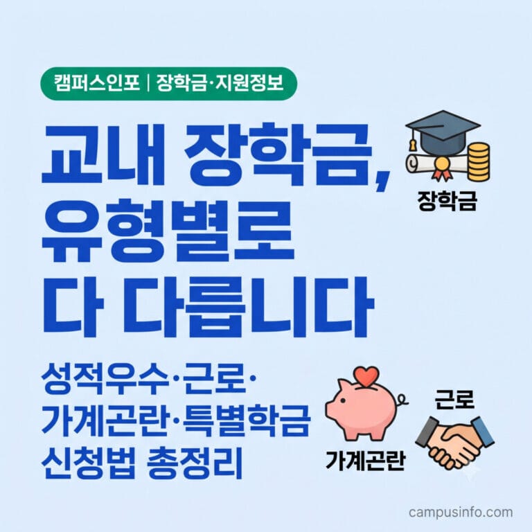 2026 대학생 교내 장학금 종류별 신청 방법과 유지 조건을 정리한 인포그래픽 — 성적우수, 근로, 가계곤란, 특별 장학금 비교