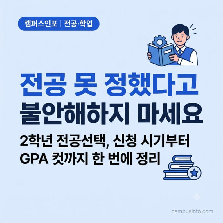 전공자율선택제 1학년 학생이 2학년 전공선택 기준과 GPA 컷을 확인하는 모습을 표현한 캠퍼스인포 썸네일 이미지