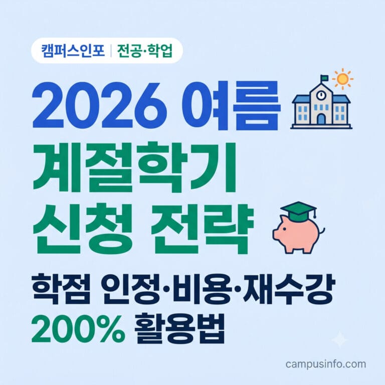 2026 여름 계절학기 신청을 앞둔 대학생을 위한 학점 인정 기준, 비용, 재수강 및 조기졸업 활용 전략을 정리한 캠퍼스인포 이미지