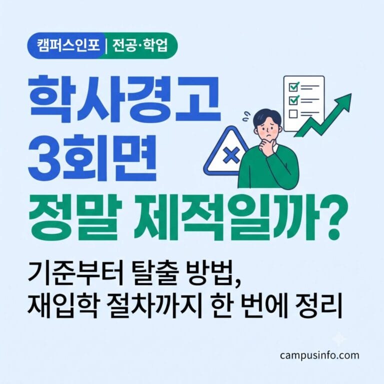 학사경고 기준과 제적 위기 탈출 방법을 확인하는 대학생을 표현한 캠퍼스인포 썸네일 이미지