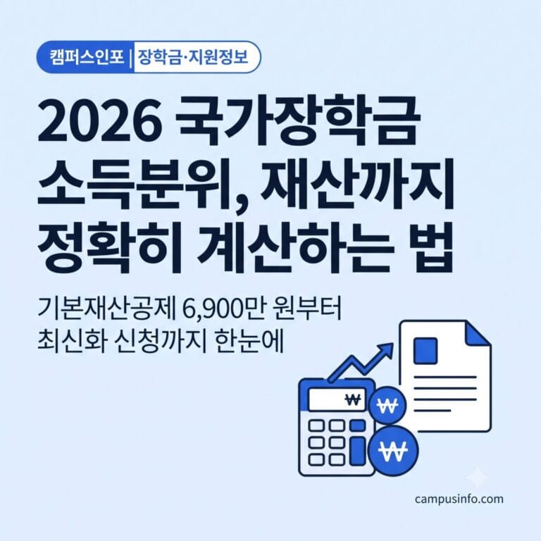 2026년 국가장학금 소득분위 산정 기준과 재산 계산법을 확인하는 대학생을 위한 안내 이미지