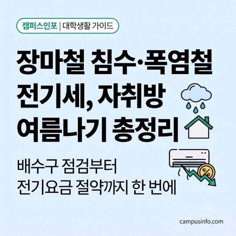 장마철 침수 대비와 폭염철 전기요금 절약 방법을 확인하는 자취 대학생을 표현한 캠퍼스인포 썸네일 이미지