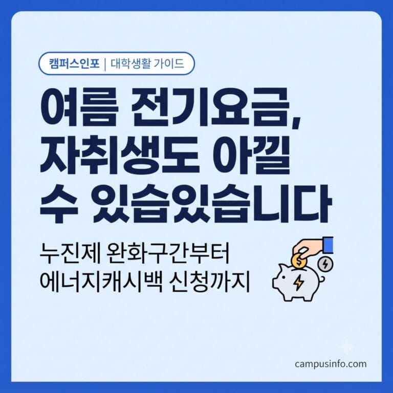 여름철 자취방 전기요금 절약과 에너지캐시백 신청 방법을 안내하는 대학생 대상 가이드 이미지