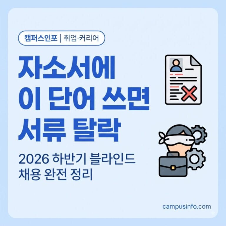 2026 하반기 블라인드 채용 자기소개서 작성 시 주의사항을 확인하는 대학생과 취준생