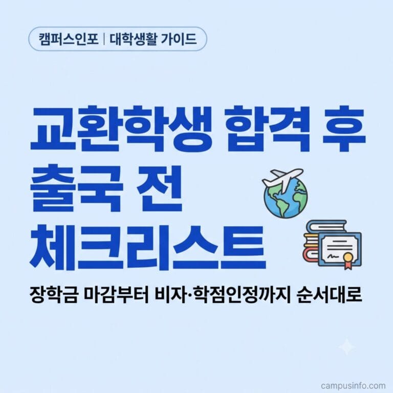 교환학생 합격 후 출국 전 해외교환 장학금, 비자, 학점인정 준비 순서를 정리한 대학생용 체크리스트 썸네일