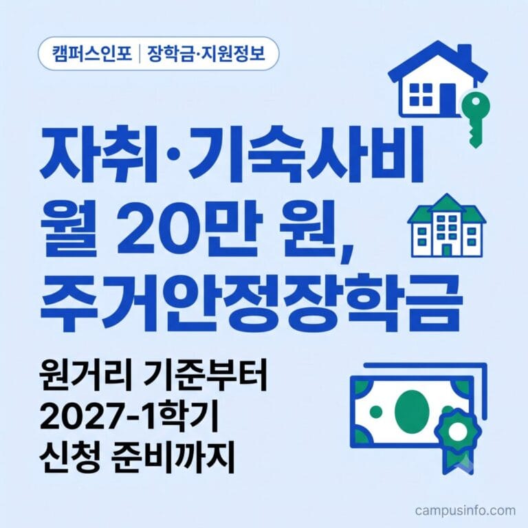 기초생활수급자·차상위계층 대학생을 위한 주거안정장학금 원거리 기준과 월 20만 원 지급 절차, 다음 학기 신청 준비 방법을 정리한 캠퍼스인포 안내 이미지