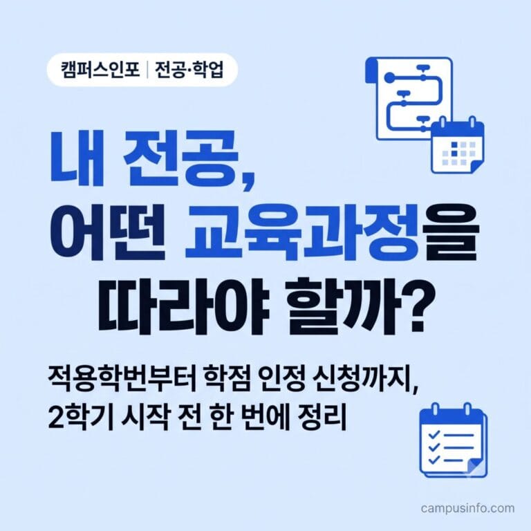 2학기를 맞아 전공 교육과정 개편 경과조치와 학점 인정 신청 방법을 확인하는 대학생을 표현한 이미지