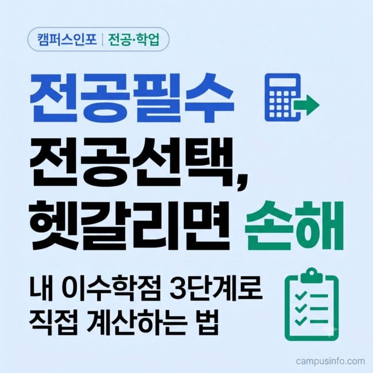 전공필수와 전공선택 이수학점 기준을 성적표로 확인하는 대학생을 보여주는 캠퍼스인포 썸네일 이미지