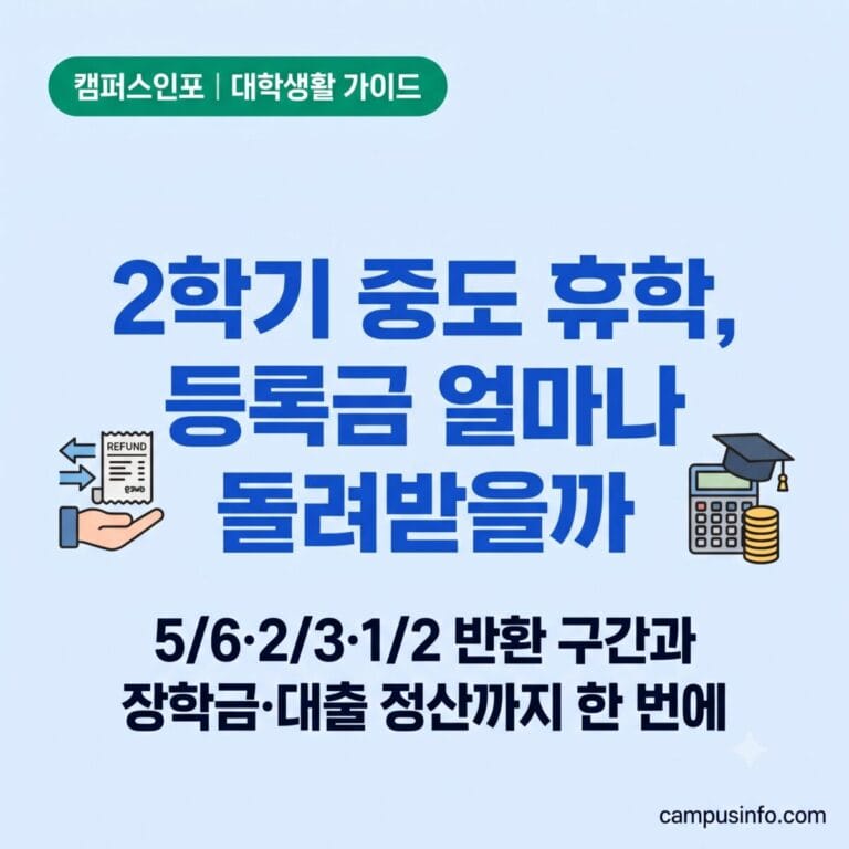 2학기 중도 휴학을 고민하는 대학생을 위해 신청 시기별 등록금 반환 비율과 국가장학금·학자금대출 처리 방법을 정리한 안내 이미지