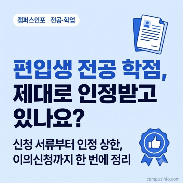 편입생이 전공 학점 인정 서류를 확인하며 신청 절차를 검토하는 모습을 표현한 캠퍼스인포 썸네일 이미지