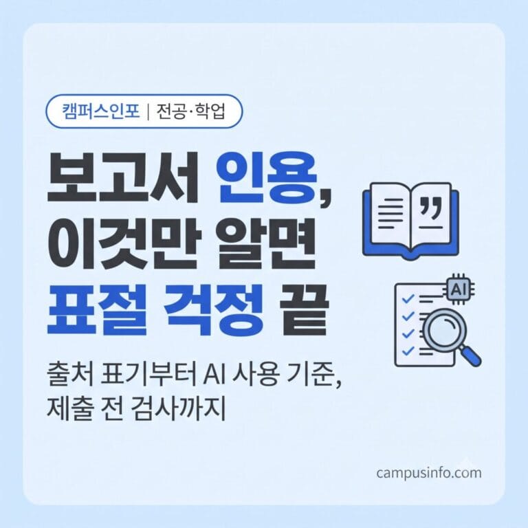 대학생이 학기말 보고서를 쓰며 출처 인용과 표절 검사, 생성형 AI 사용 기준을 점검하는 모습을 담은 전공·학업 가이드 썸네일
