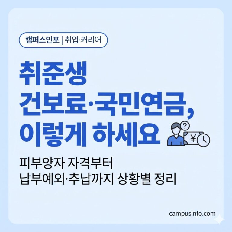 취업 준비 중인 대학 졸업생이 건강보험 피부양자 자격과 국민연금 납부예외를 확인하는 방법을 정리한 가이드 썸네일