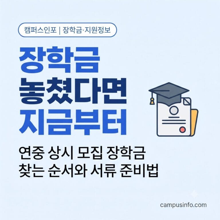 2학기 장학금 신청 시기를 놓친 대학생을 위해 연중 상시 모집 장학금을 찾는 방법과 서류 준비 순서를 정리한 안내 이미지입니다.