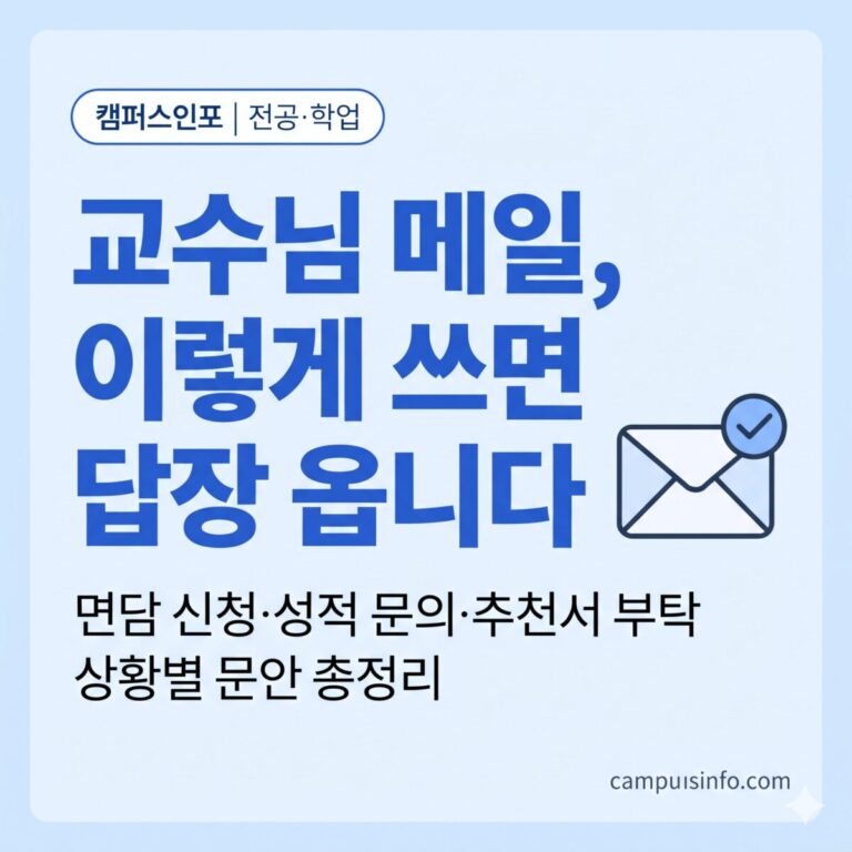 대학생이 교수님께 면담 신청과 성적 문의 메일을 쓰는 방법을 상황별 예시와 함께 정리한 가이드 썸네일