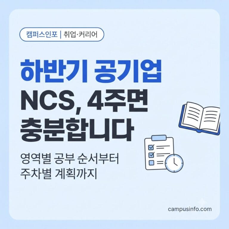 2026 하반기 공기업 NCS 필기시험을 준비하는 대학생과 취준생을 위한 4주 학습 계획과 영역별 공부 순서 안내 이미지
