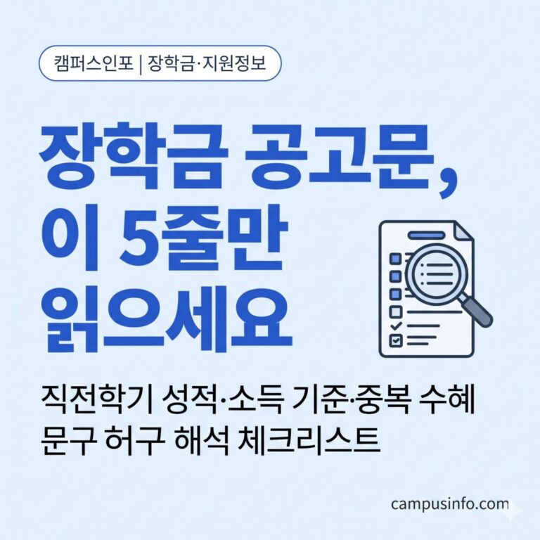 대학생이 장학금 공고문의 직전학기 성적과 소득 기준, 제출 서류를 읽고 지원 자격을 점검하는 방법을 정리한 가이드 썸네일