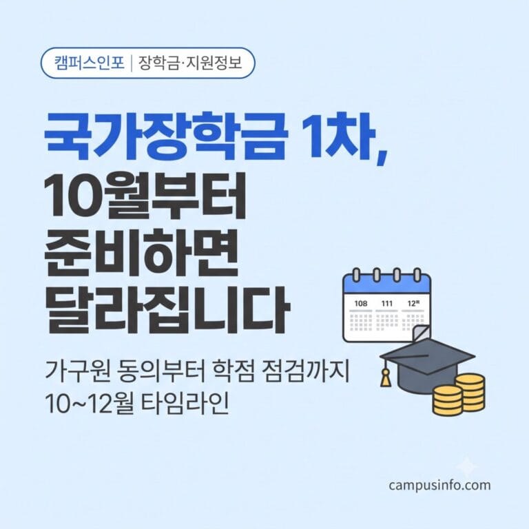 국가장학금 1차 신청을 앞둔 대학생을 위해 10월부터 12월까지 준비할 일정을 정리한 안내 썸네일 이미지