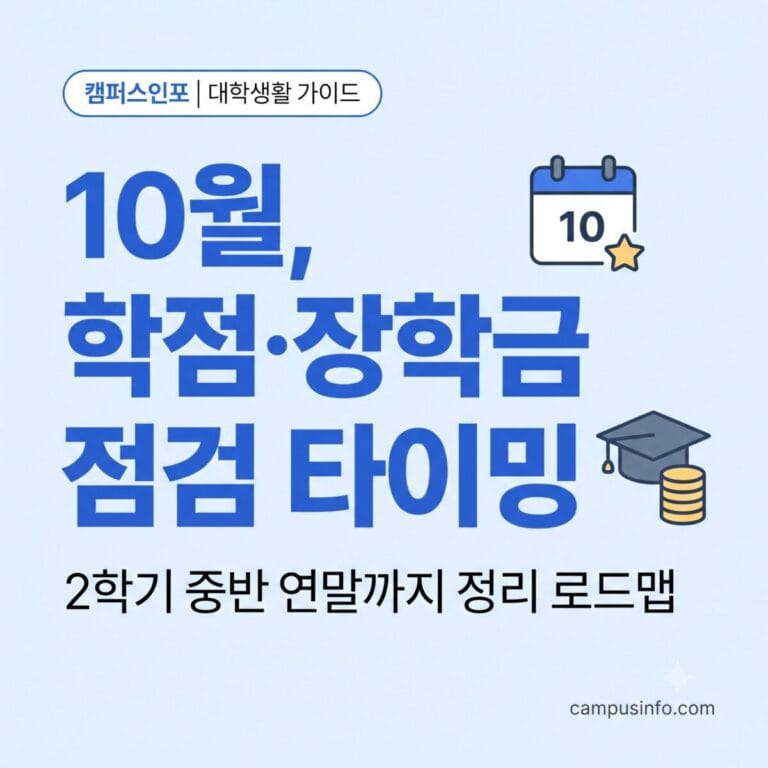2026년 2학기 중반인 10월에 대학생이 학점·장학금·생활비를 점검하는 로드맵을 담은 썸네일 이미지