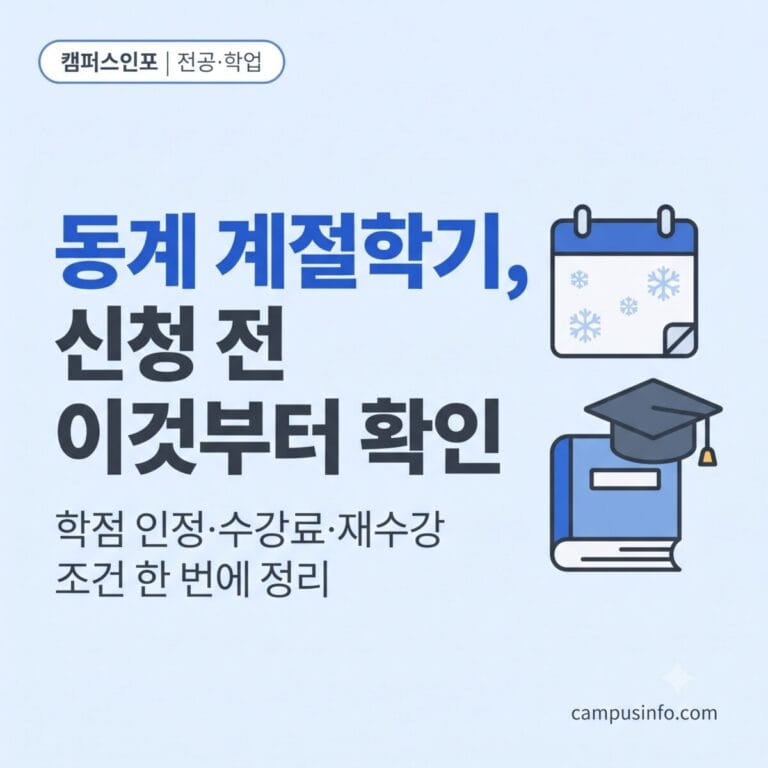 동계 계절학기 수강신청 전 학점 인정과 수강료, 재수강 조건을 확인하려는 대학생을 위한 안내 썸네일 이미지